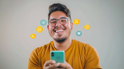 man holding smartphone to play entertainment of social media. internet network technology and business concept