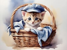 Detailed Watercolor Kitten In Basket With Cap