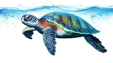 Wall Mural - Cute sea turtle in hand drawn style design isolated on white background.