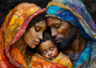 Wall Mural - African American Art Nativity Scene Family Closeup Portrait Virgin Mary, Father Joseph, Christ Child 