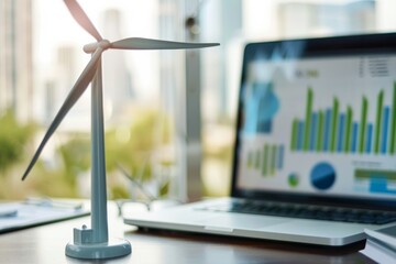 Leinwandbilder - Miniature wind turbine in focus in the foreground with a blurred laptop displaying graphs in the background