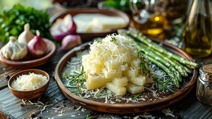 Wall Mural - A plate of pasta with a generous amount of cheese and basil on top. The dish looks delicious and inviting, with the pasta being the main focus of the image