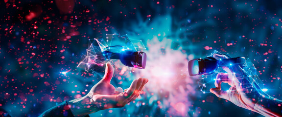 hands manipulating virtual reality controllers with dynamic blue light connections, illustrating adv