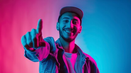 Wall Mural - PORTRAIT OF A YOUNG MAN in urban clothing and neon colors with a happy face