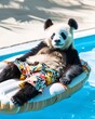 Cute panda lie on  swimming mattress in the pool