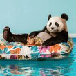Cute panda lie on  swimming mattress in the pool
