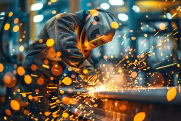 Aufkleber - A skilled welder is in action with bright glowing sparks flying around in a dark industrial environment, showcasing craftsmanship and heavy industry