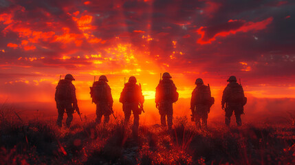 Six military silhouettes on sunset sky background.