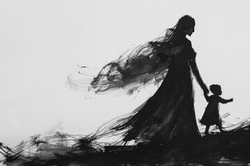 Powerful image of a mother and child silhouetted in black ink walking hand in hand