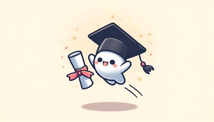 Canvas Print - A joyful cartoon graduate flying with diploma and cap.