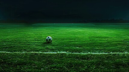  Close up a soccer ball in field grass stadium at night scene. AI generated image