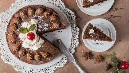 Wall Mural - Top view of a chocolate cake with chocolate icing, chocolate shavings and stuffed with white cream inside.
