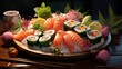 A beautiful and delicious plate of sushi, with salmon, tuna, and other fresh fish, as well as rice and vegetables.