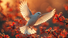 A White Bird With Its Wings Spread Out Is Flying Over A Red Flower Bush