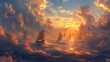Stunning Sunrise Over Sea With Sailing Ships and Clouds