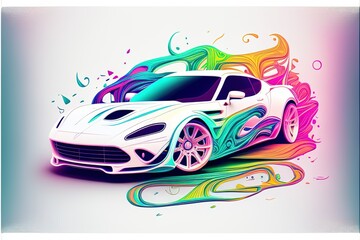 Wall Mural - colorful car on a white, grey background. shiny automobile with rainbow colors. 3d illustration made with generative AI technology
