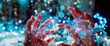 Hands manipulating glowing blue and white digital connections, symbolizing networking and data in a virtual space. Ai in games and program development. Banner. Copy space