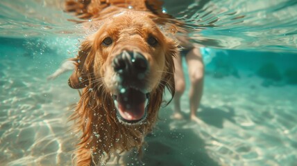 Dog swimming in a pool with a woman taking a selfie.