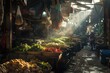 Sunlight fills a vegetable market with warmth and brightness
