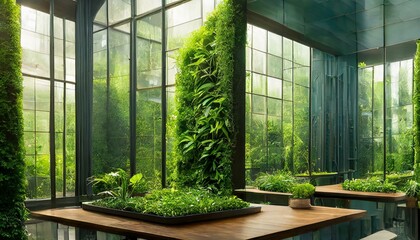  Green architecture. Green wall with plants growing inside building. Sustainable green living in urban city. Eco friendly building with vertical garden in modern office, hotel, shopping mall, home