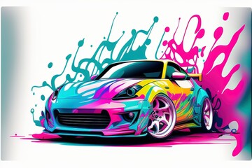 Wall Mural - colorful car on a white, grey background. shiny automobile with rainbow colors. 3d illustration made with generative AI technology
