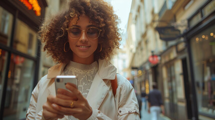 Wall Mural - Smiling curly woman wearing trendy sunglasses walks down the central city street and uses her phone. Pretty summer woman in white jacket walks down the street looking at her mobile phone