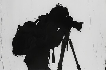 Aufkleber - A stark black silhouette of a photographer using a camera mounted on a tripod against a white background