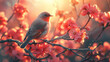 A bird is perched on a branch of a tree with pink flowers
