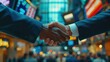 A close-up of a handshake between two business leaders against a backdrop of a bustling trade floor. Generative AI