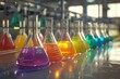 Colorful glass flasks with vivid solutions in a chemical laboratory.  Medical research, pharmaceutical discovery. and science concept.