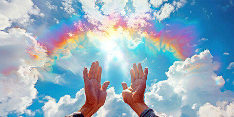 Human hands open palm up with a banner of sky in the background, ai generated.	