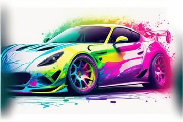 Wall Mural - colorful car on a white, grey background. shiny automobile with rainbow colors. 3d illustration made with generative AI technology
