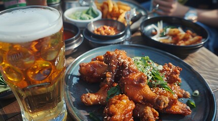 Wall Mural - Chimaek chicken and beer, crispy Korean fried chicken paired with a cold beer, a popular combo