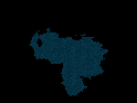 A sketching style of the map Venezuela, consisting of blue binary code. An abstract image for a geographical design template. Image isolated on black background.