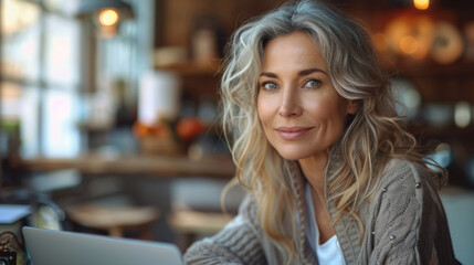 Canvas Print - Smiling mature middle aged business woman using laptop working on computer sitting at desk. Happy old businesswoman hr holding cv interviewing distance applicant, senior seeker searching job online