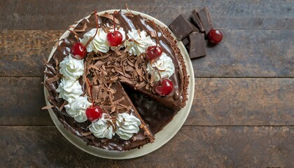 Wall Mural - Top view of a chocolate cake with chocolate icing, chocolate shavings and stuffed with white cream inside.