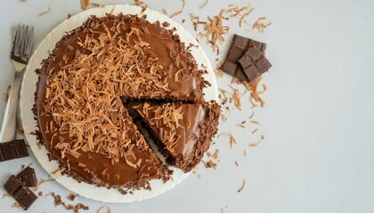 Wall Mural - Top view of a chocolate cake with icing and chocolate shavings.
