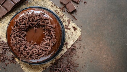 Wall Mural - Top view of a chocolate cake with icing and chocolate shavings.
