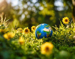 Ecology, eco-sustainability - A globe in a field of yellow flowers which are a symbol of hope and optimism, the image reminds us that there is still hope for the future of our planet