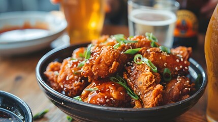 Wall Mural - Chimaek chicken and beer, crispy Korean fried chicken paired with a cold beer, a popular combo