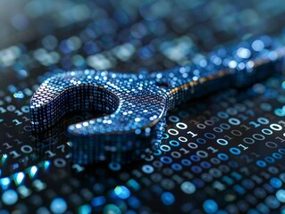 blue digital wrench  spanner with glowing binary code, AI  in  maintenance management systems, predictive maintenance algorithms, equipment diagnostics, and remote repair assistance.
