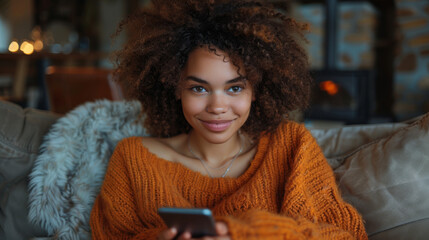 Wall Mural - Smiling young pretty woman sitting on couch using apps on cell phone technology, happy lady holding smartphone in hands, looking at camera, relaxing on sofa with cellphone checking cellular device