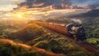 Panoramic View: Take a panoramic shot of the entire scene, showcasing the expansive countryside, the vintage train in motion, and passengers enjoying the scenic views. Generative AI