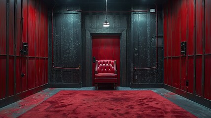 Wall Mural - A red room with a chair and a light hanging from the ceiling. The room is empty and the chair is the only piece of furniture