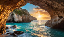 Sea Cave Opening To The Azure Ocean, At Sunset.