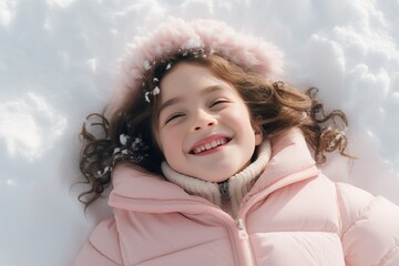 Wall Mural - A young girl is laying in the snow with a pink hat on her head