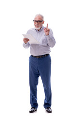 Canvas Print - Old businessman reading paper isolated on white