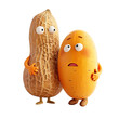 A peanut, portrayed in a cartoon style, is offering support and comfort to a worried yam in an unexpected display of friendship. Isolated on transparent