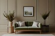 Modern Living Room Interior: Empty Poster Frame, Decorative Green Arch, Trendy Dried Flowers for Home Decor