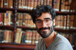 Cheerful Bearded Man in a Cozy Library Setting